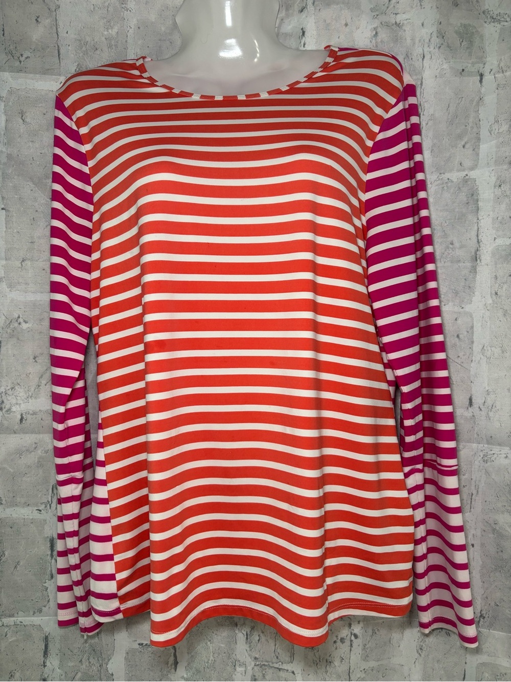 Lands' End Striped Long-Sleeve Swim Tee in Orange, Pink & White